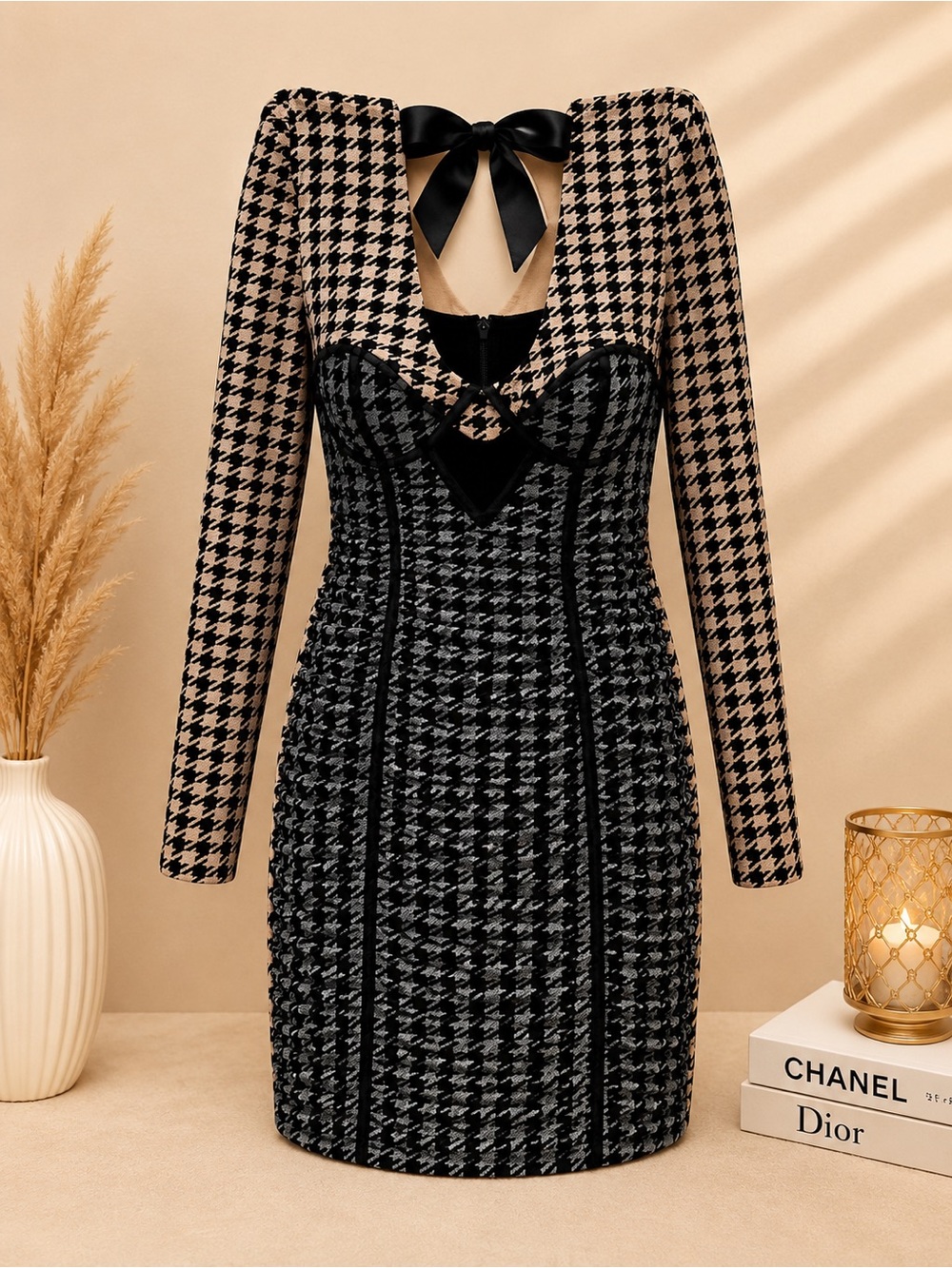 ASOS Black and Beige Houndstooth Long-Sleeve Bodycon Dress with Bow Back